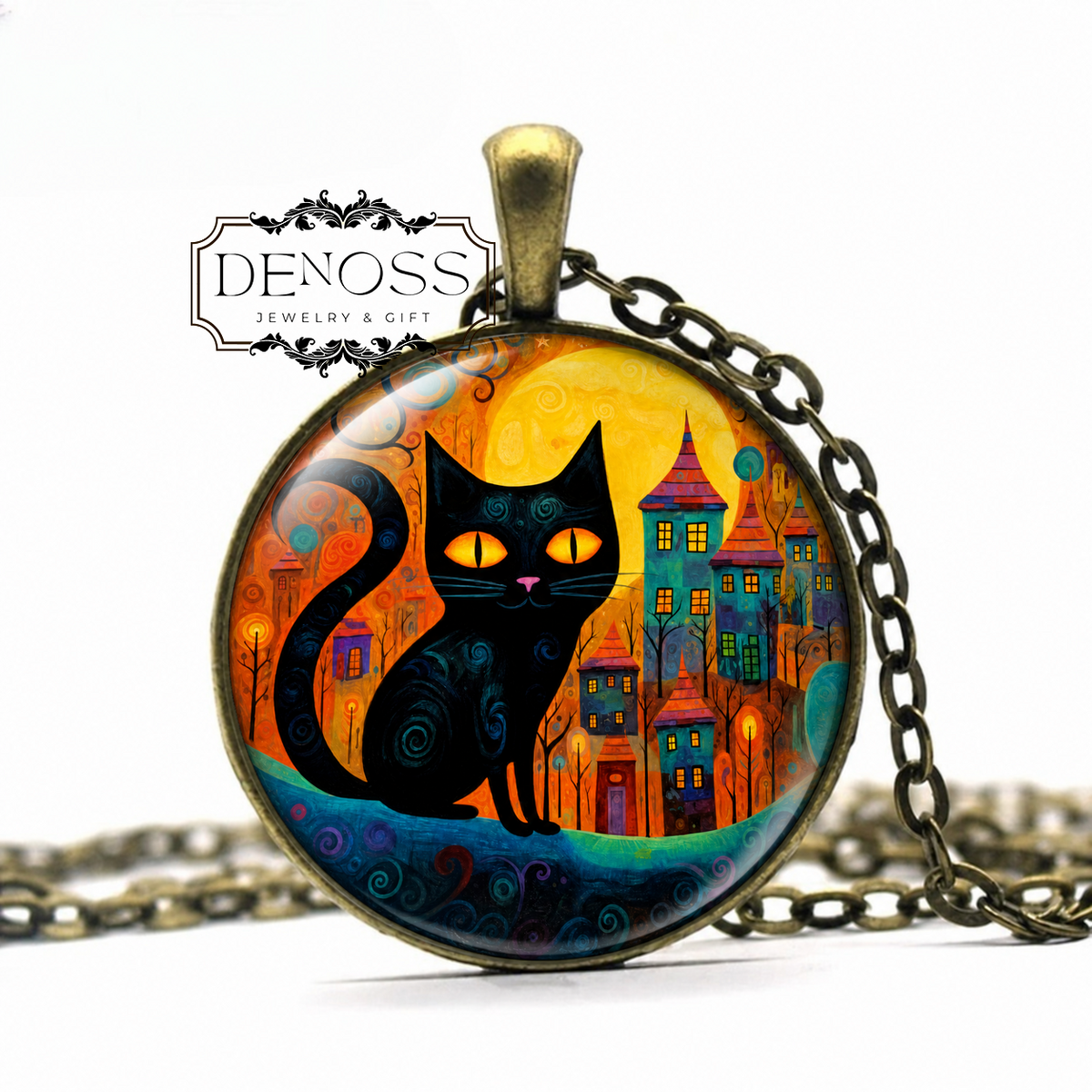 Black Cat Art Necklace,Retro City Necklace