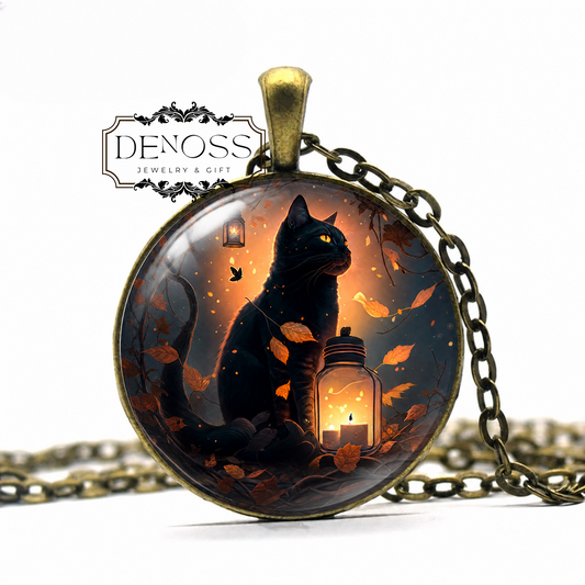Black Cat Cabochon Pendant Necklace,Halloween,Valentine's Gift,Fantasy Cat