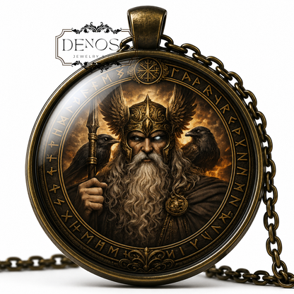 Odin Pendant Necklace,Viking Rune Wheel Jewelry,Norse God Amulet