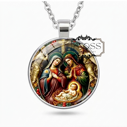 Retro Jesus Family Print Round Pendant Necklace,Gift For Religious Believers