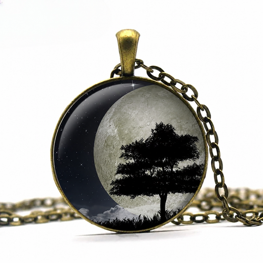 Tree Silhouette Full Moon Necklace,Night Sky,Tree Necklace,Moon Jewelry