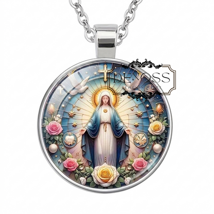 Retro Virgin Mary Pattern Round Pendant Necklace,Gift For Religious Believers