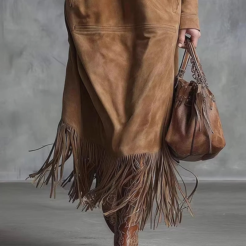 Suede Tassel Long Sleeved Dress - Denoss