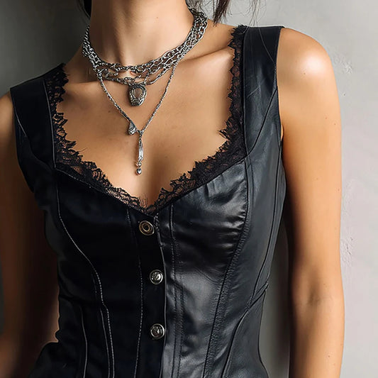 Lace Patchwork Pu Leather Women Corset Top