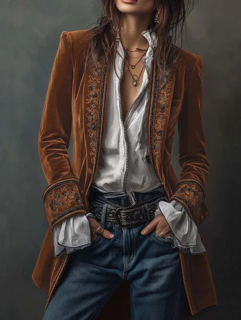 Brown Lace Velvet Women's Jacket For Spring Summer
