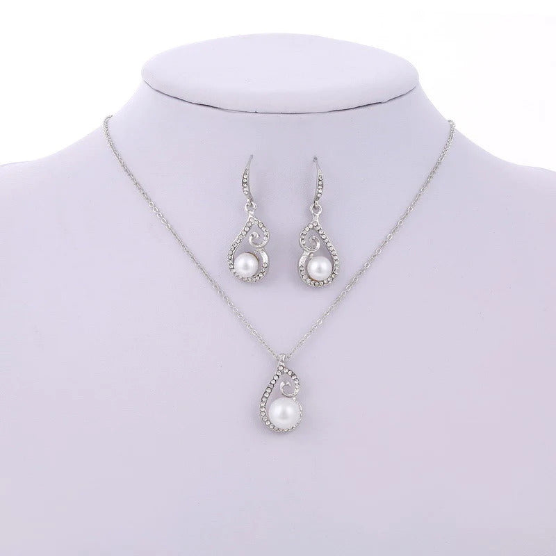 Silver white simulated pearl romantic design womens jewelry set