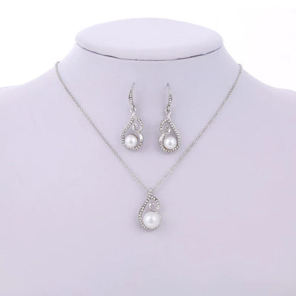 Silver white simulated pearl romantic design womens jewelry set