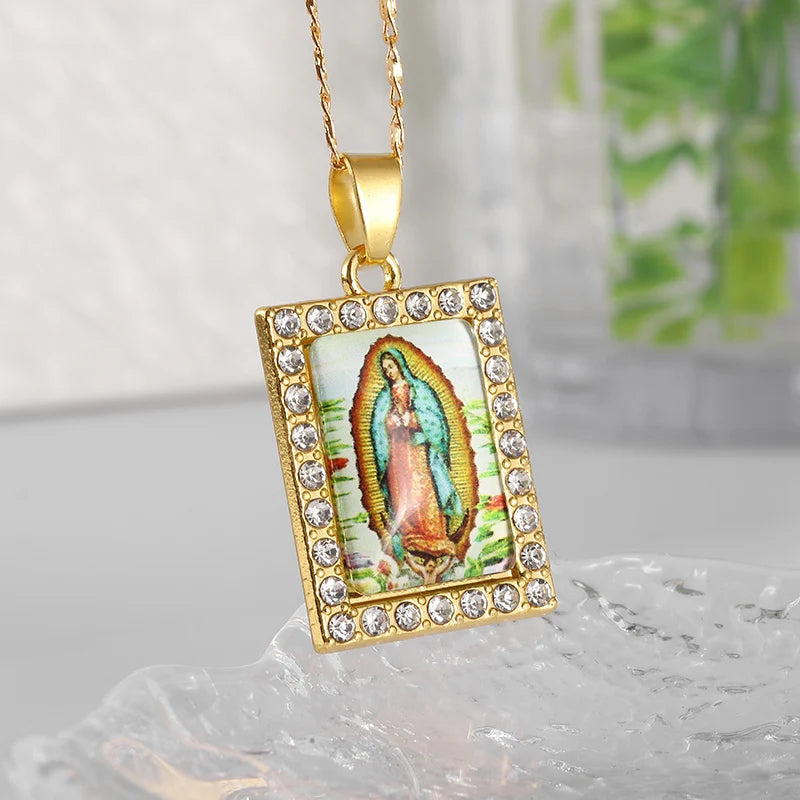 Gold Zircon Virgin Mary Pendant Necklace,Christian Necklace