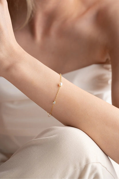 925 Sterling Silver Gold White Baroque Pearl 3-Piece Solitaire Design Bracelet