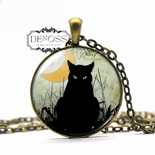 Black Cat Necklace,Crescent Moon,Cat Jewelry,Halloween Jewelry,Gothic Jewelry