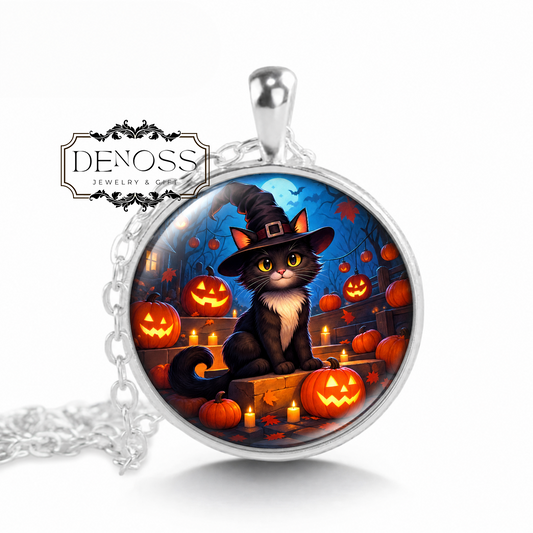 Black Cat Pumpkin Pendant Necklace,Spooky Halloween Jewelry