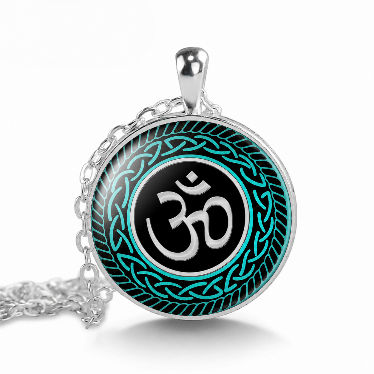 Blue Om Pendant Necklace, Spiritual Yoga Meditation Amulet Charm