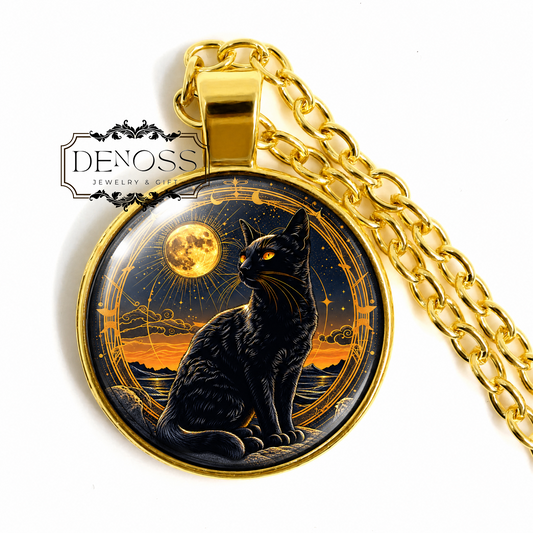 Black Cat Silhouette Pendant Necklace,Spiritual Protector Motif Good Luck Symbol