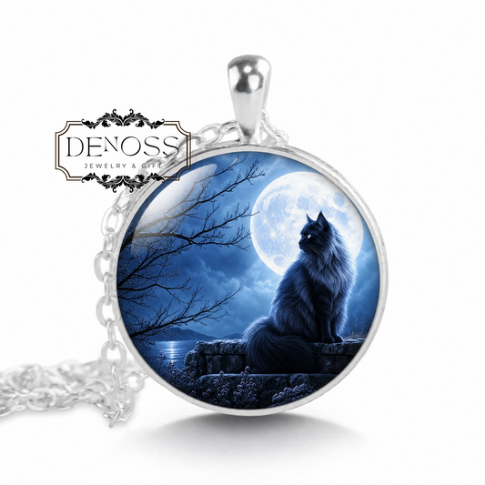 Black Cat with Full Moon Background Necklace