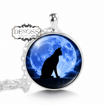 Black Cat with Full Moon Necklace