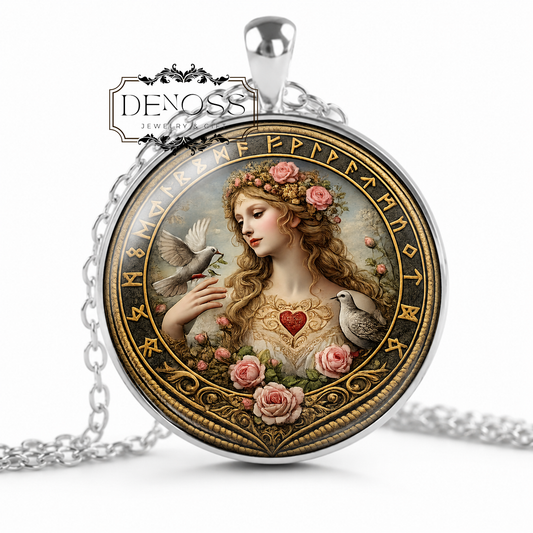 SJÖFN Necklace,Norse Goddess,Goddess of Love,Goddess of Affection,Goddess of Human Relationships,Glass Pendant - Denoss