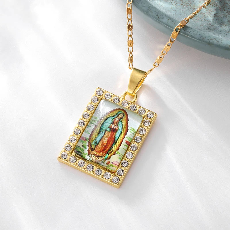 Gold Zircon Virgin Mary Pendant Necklace,Christian Necklace