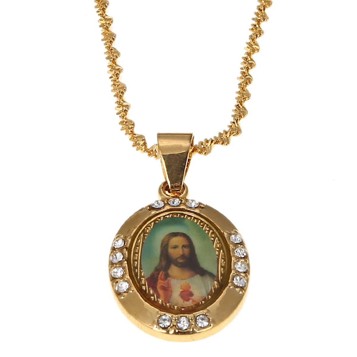 Gold Zircon Jesus Portrait Pendant Necklace,Christian Necklace