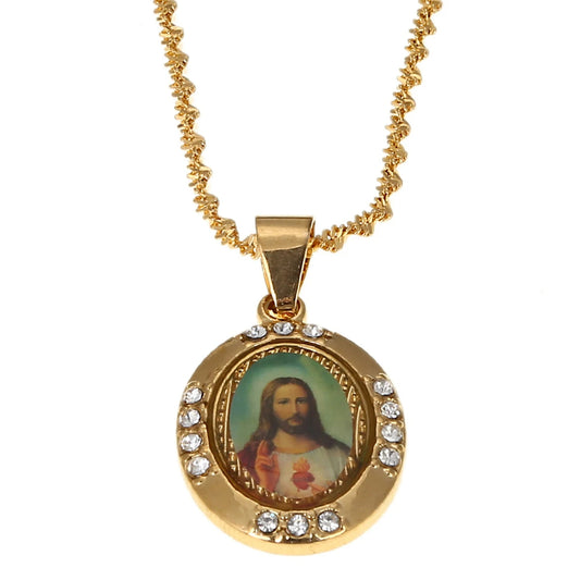 Gold Zircon Jesus Portrait Pendant Necklace,Christian Necklace