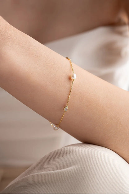 925 Sterling Silver Gold White Baroque Pearl 3-Piece Solitaire Design Bracelet