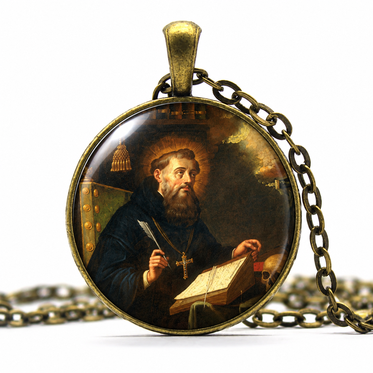 Saint Augustine of Hippo w Book Necklace,Philosopher Catholic Medal Pendant