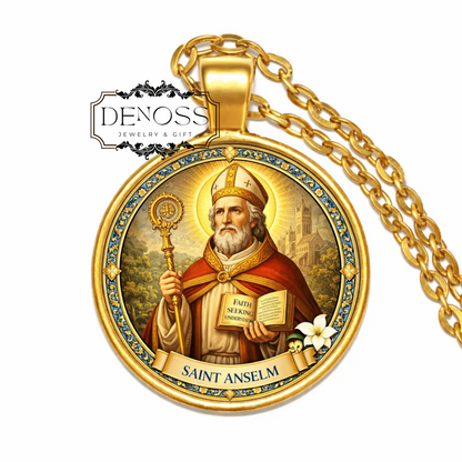 Saint Anselm Pendant Necklace,Catholic Patron Saint Charm,Glass Dome Jewelry