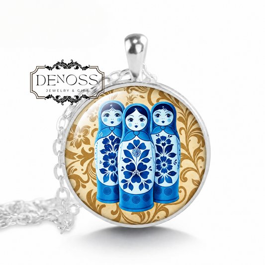 Blue Babushkas,matroyshkas necklace,Russian folk doll necklace,matroyshka ethnic doll Gift