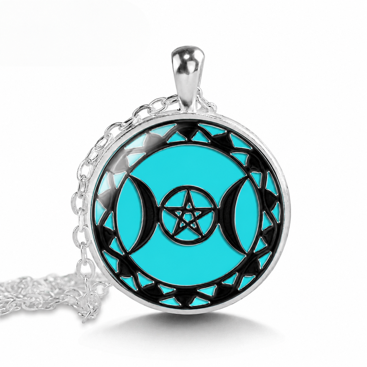 Triple Moon Goddess Pendant Necklace, Wicca Pentagram Necklace,Occult Jewelry