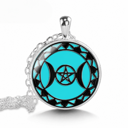 Triple Moon Goddess Pendant Necklace, Wicca Pentagram Necklace,Occult Jewelry