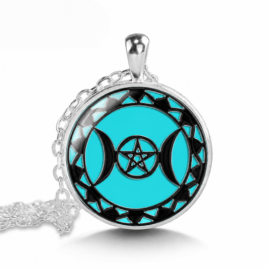 Triple Moon Goddess Pendant Necklace, Wicca Pentagram Necklace,Occult Jewelry