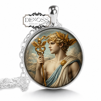 HERMES Necklace,God of Trade,God of Thieves,God of Travelers,God of Athletes,God of Sports,Greek Mythology,Glass pendant