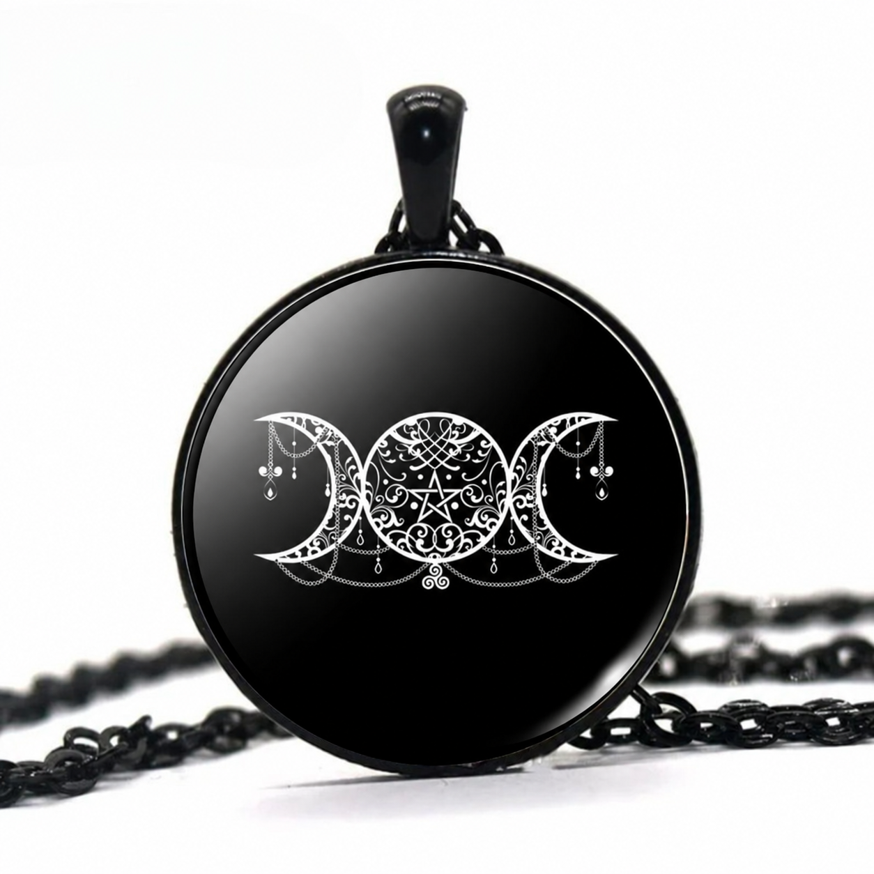 Triple Moon Goddess Pentagram Necklace, Hecate Pagan Wiccan Pendant