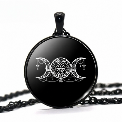 Triple Moon Goddess Pentagram Necklace, Hecate Pagan Wiccan Pendant