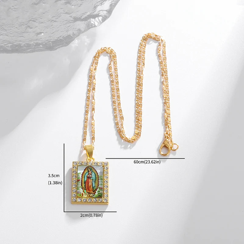 Gold Zircon Virgin Mary Pendant Necklace,Christian Necklace