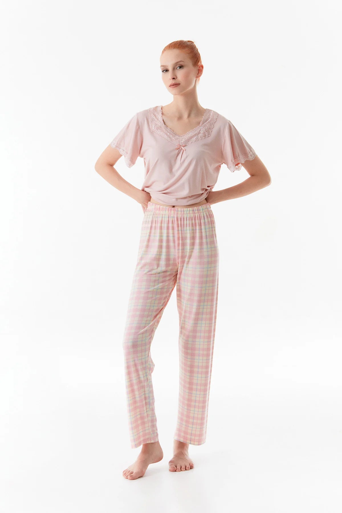 Pudra Gingham Patterned Lace Detailed Pajama Set - Denoss