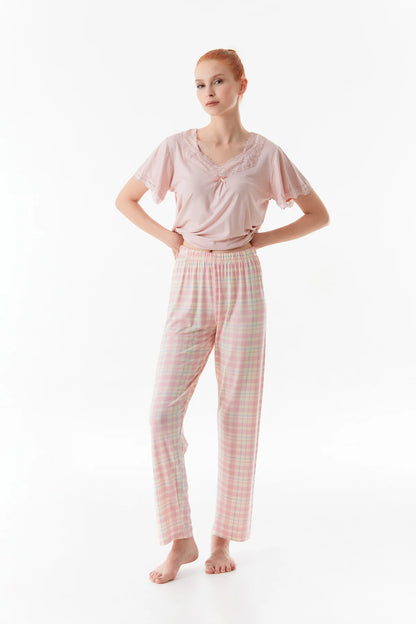 Pudra Gingham Patterned Lace Detailed Pajama Set - Denoss