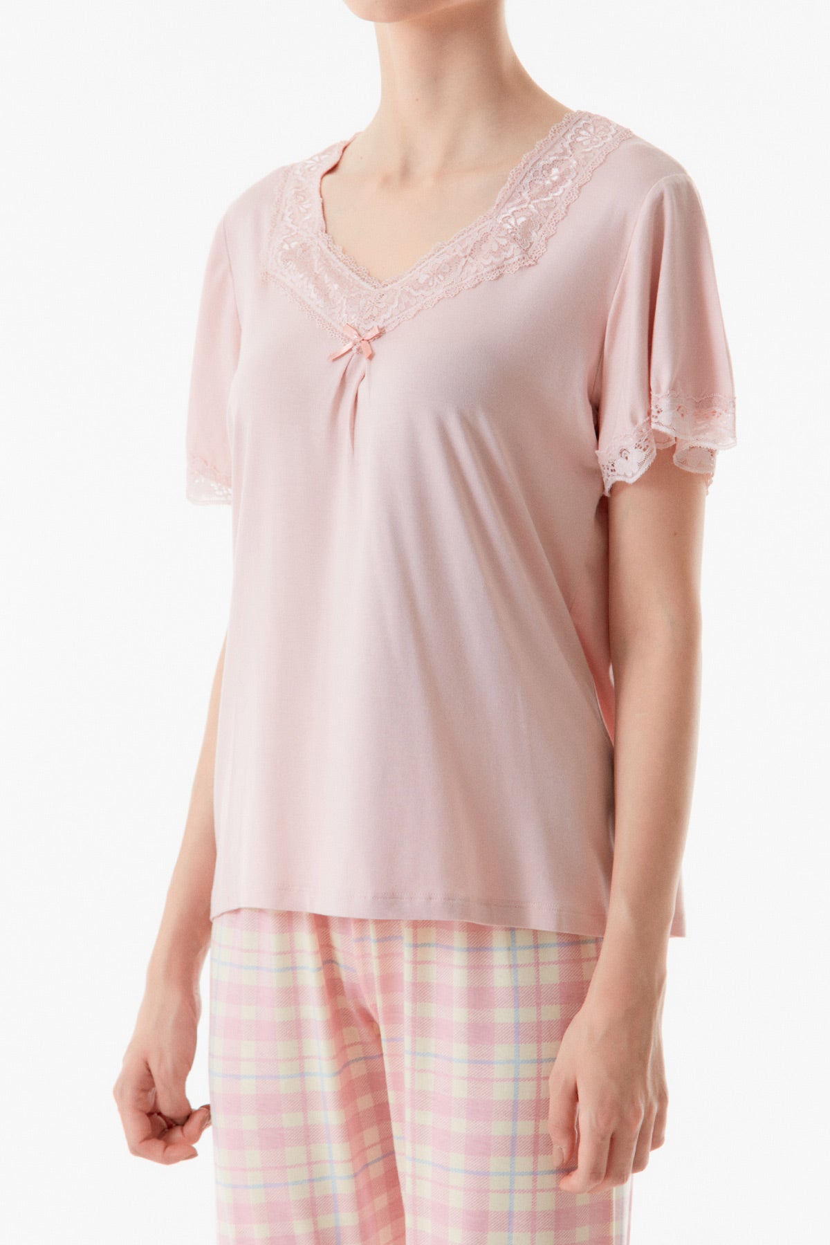 Pudra Gingham Patterned Lace Detailed Pajama Set - Denoss