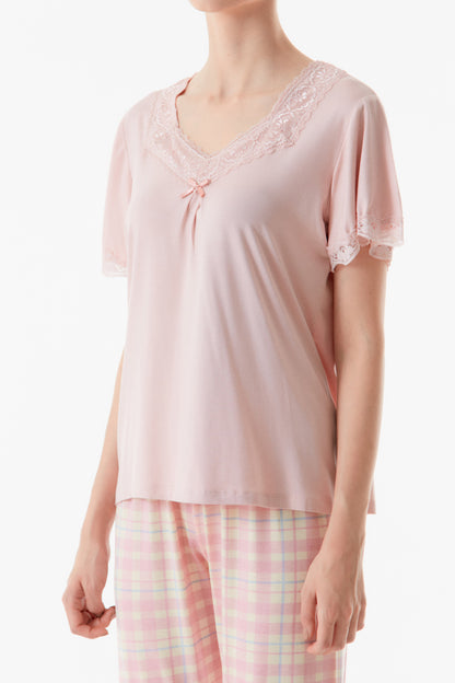 Pudra Gingham Patterned Lace Detailed Pajama Set - Denoss