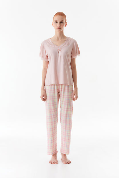 Pudra Gingham Patterned Lace Detailed Pajama Set - Denoss