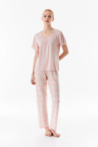 Pudra Gingham Patterned Lace Detailed Pajama Set - Denoss