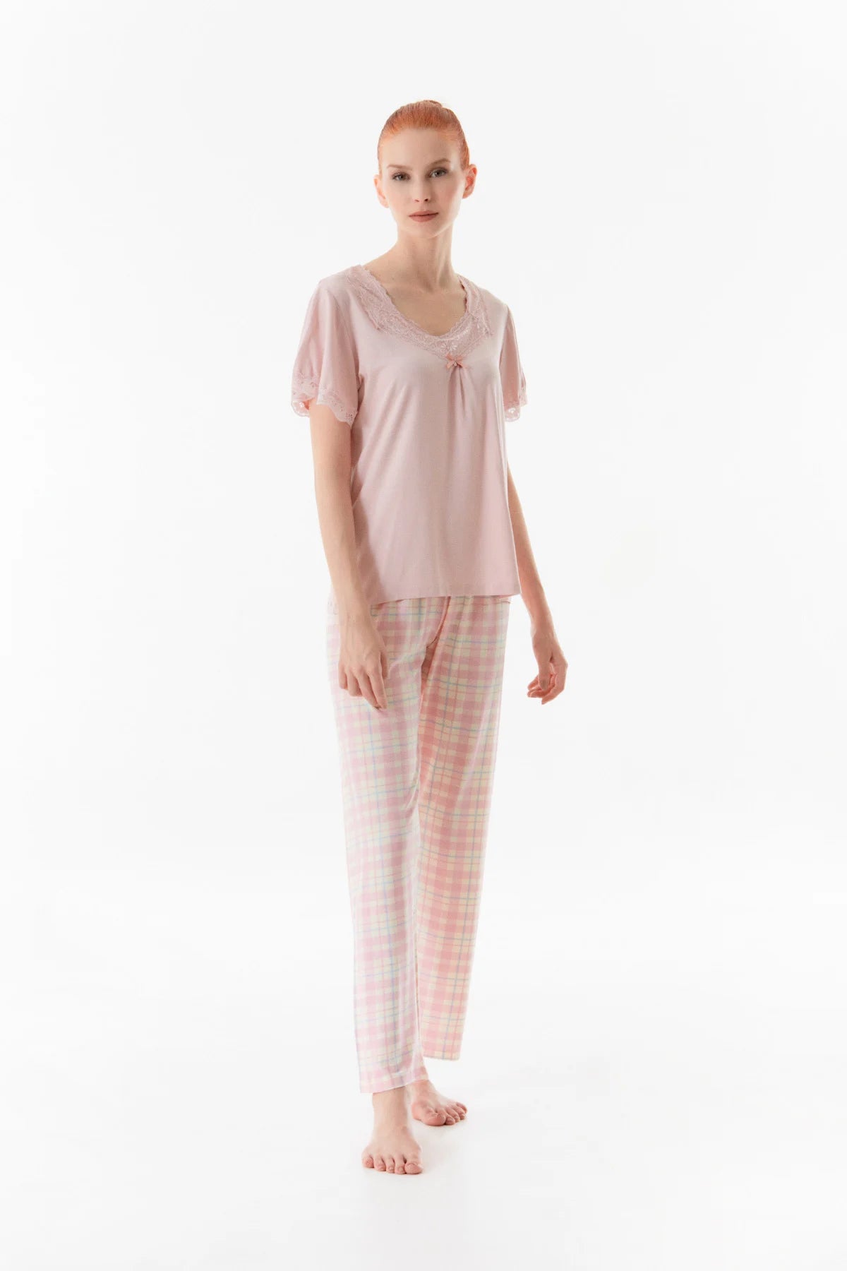 Pudra Gingham Patterned Lace Detailed Pajama Set - Denoss