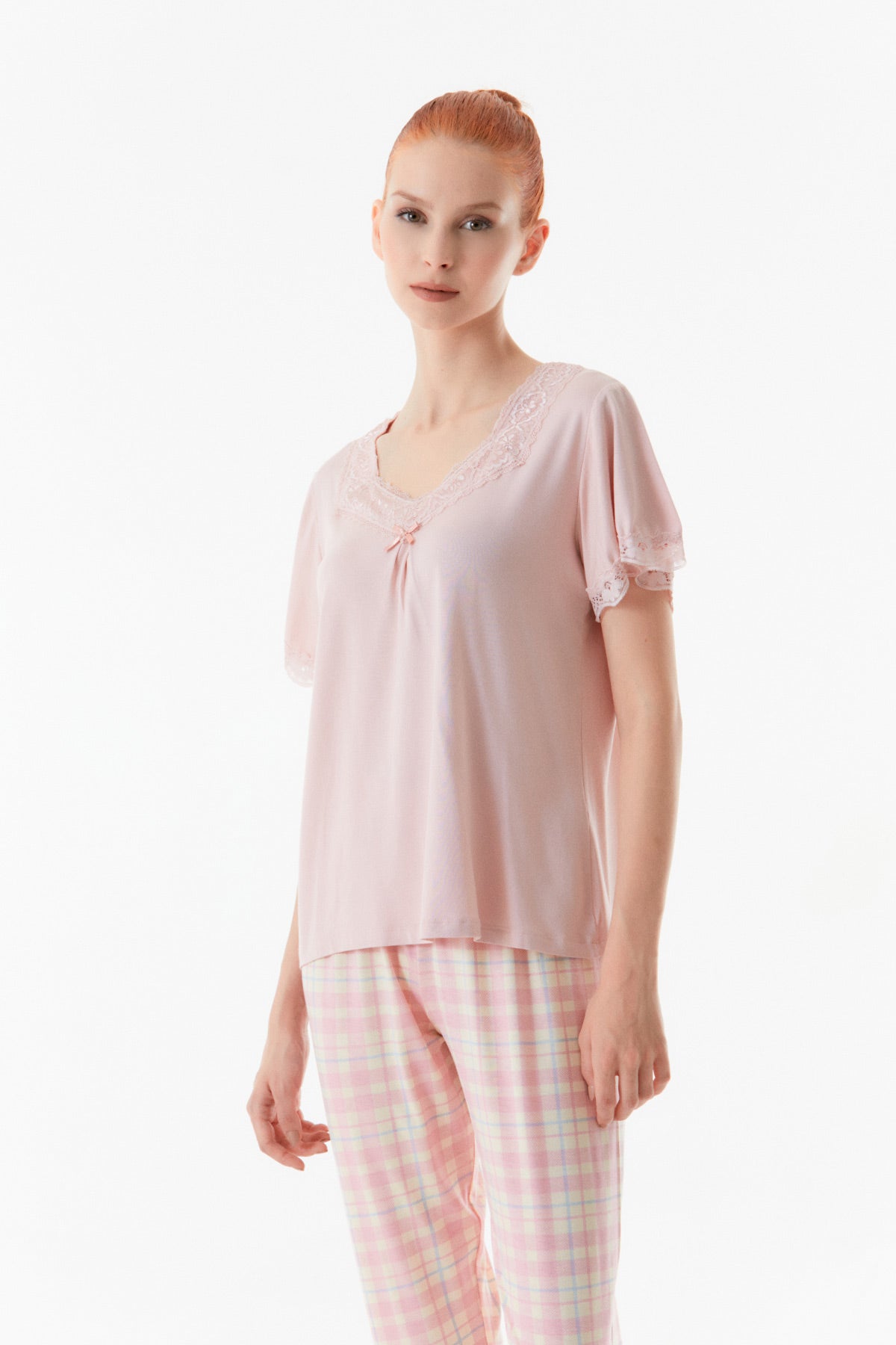 Pudra Gingham Patterned Lace Detailed Pajama Set - Denoss