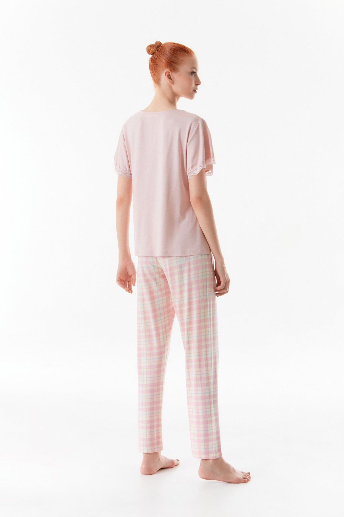 Pudra Gingham Patterned Lace Detailed Pajama Set - Denoss