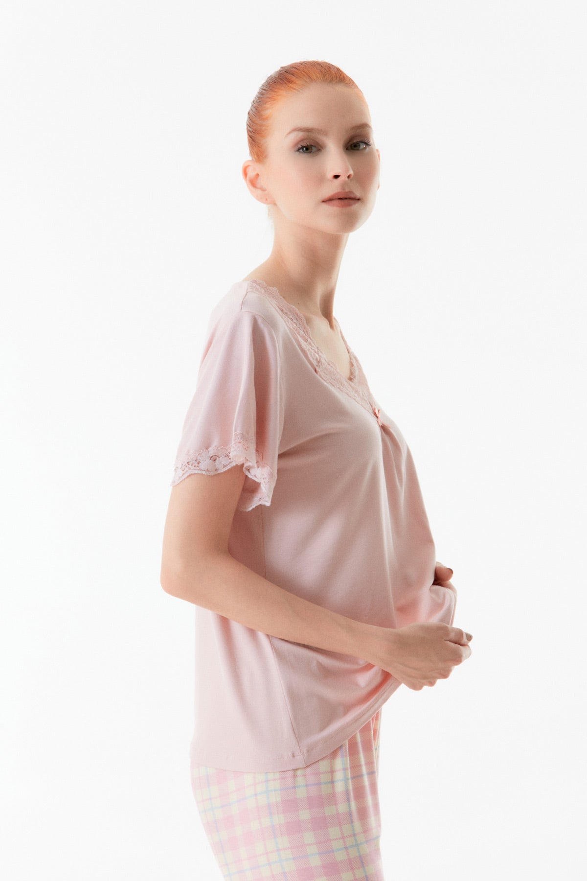 Pudra Gingham Patterned Lace Detailed Pajama Set - Denoss
