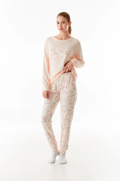 Rabbit Embroidered Crew Neck Pajama Set - Denoss