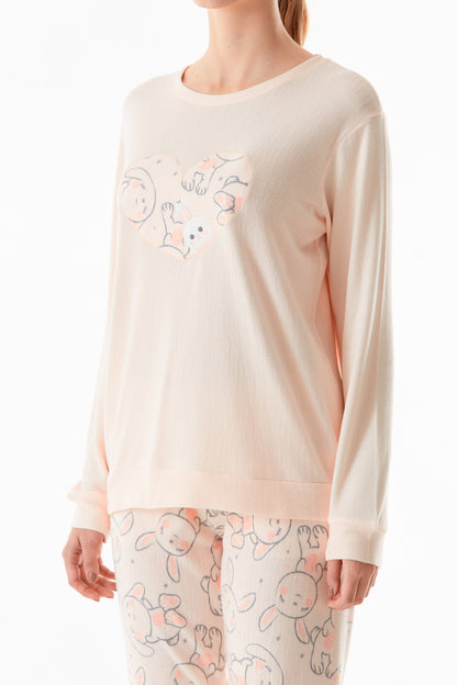 Rabbit Embroidered Crew Neck Pajama Set - Denoss