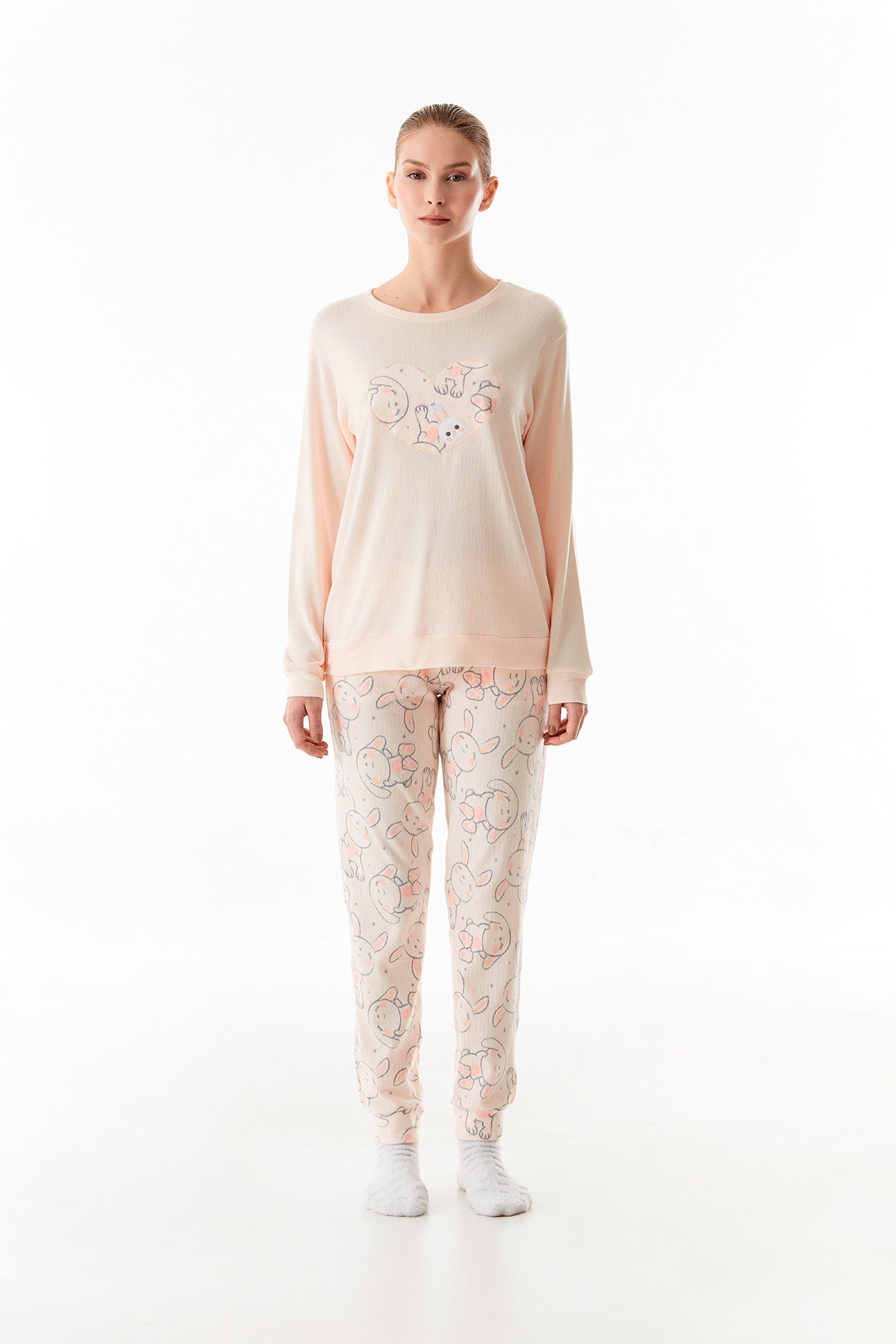 Rabbit Embroidered Crew Neck Pajama Set - Denoss