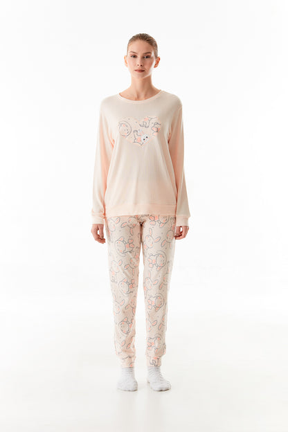 Rabbit Embroidered Crew Neck Pajama Set - Denoss