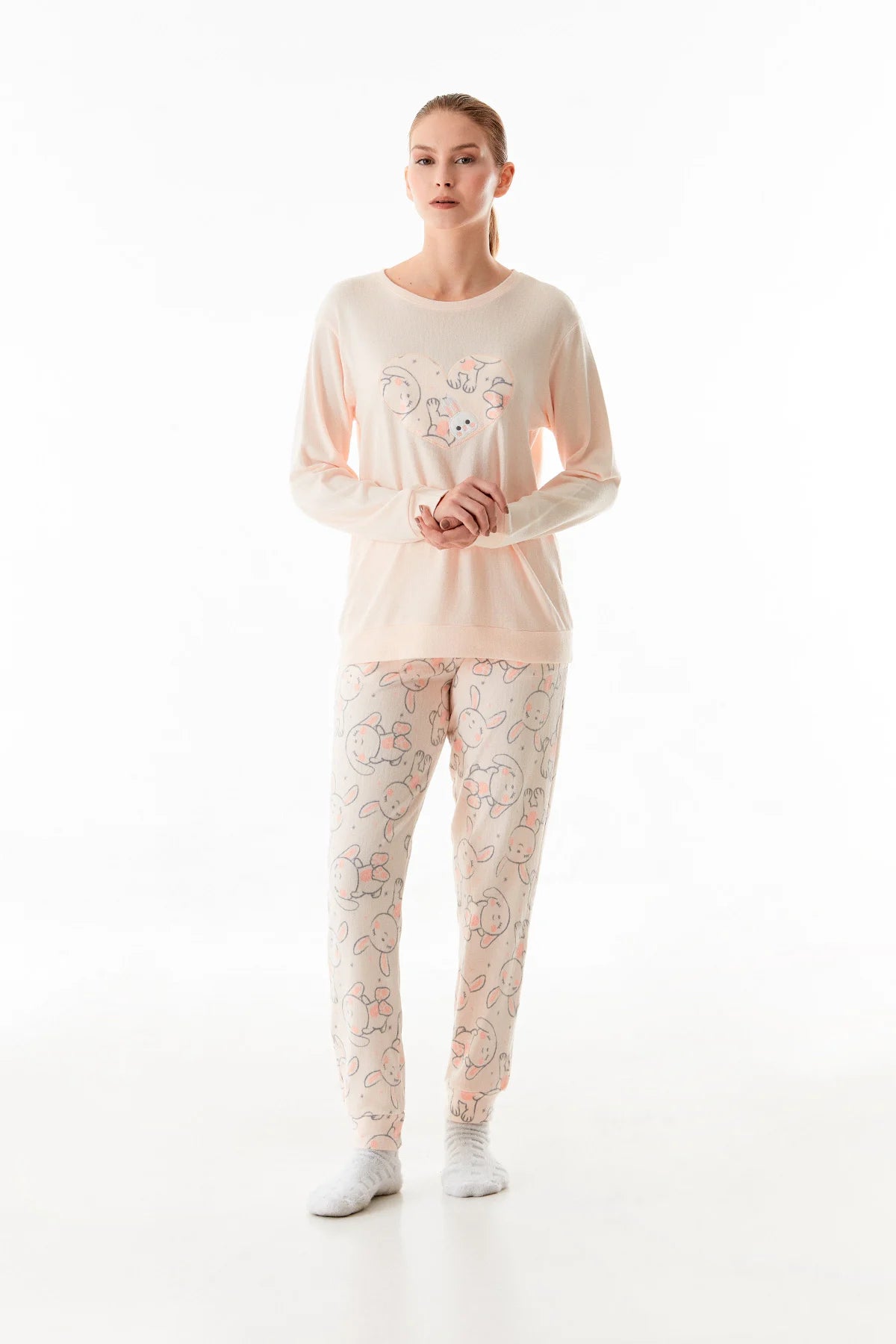 Rabbit Embroidered Crew Neck Pajama Set - Denoss