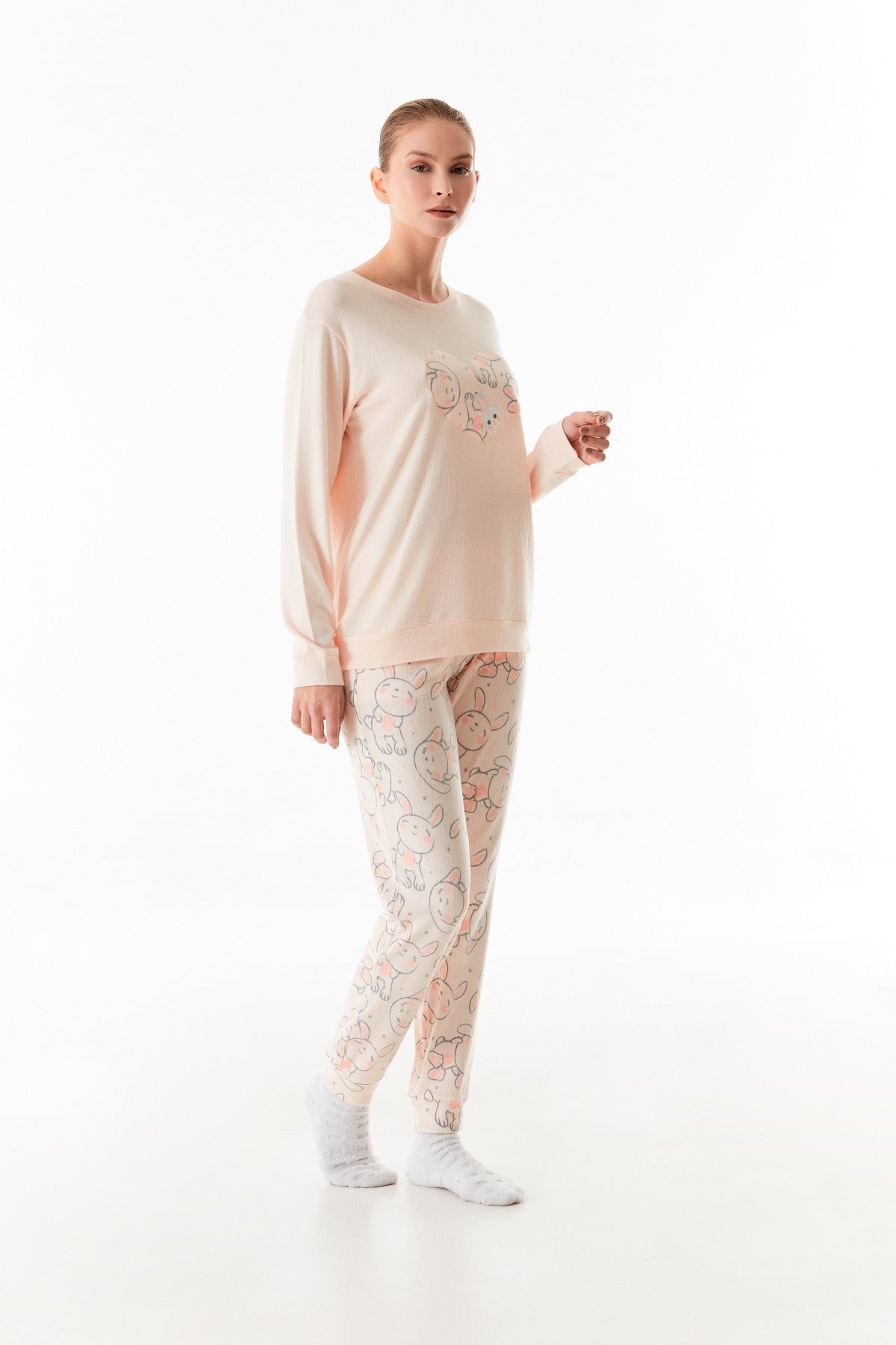 Rabbit Embroidered Crew Neck Pajama Set - Denoss